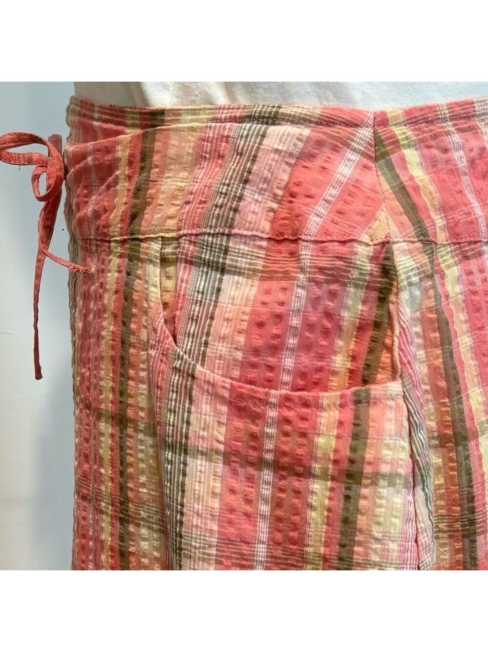 J PETERMAN 90s PINK & OLIVE GREEN PLAID SEERSUCKER PENCIL MIDI SKIRT SZ 12 - Picture 6 of 9